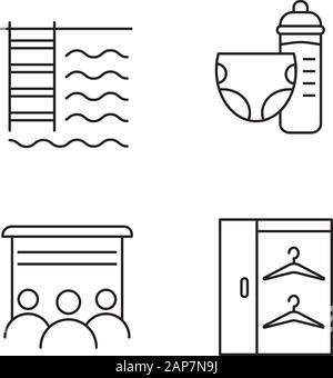 Apartment amenities linear icons set. Swimming pool, toddler room, movie theater, walk in closet. Home services. Thin line contour symbols. Isolated v Stock Vector