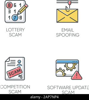 Scam types color icons set. Lottery, competition fraudulent scheme. Email spoofing. Software update trick. Malware. Cybercrime. Illegal money gain. Is Stock Vector