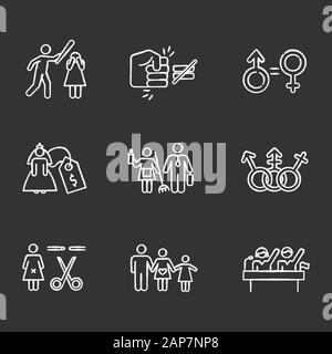 Gender equality chalk icons set. Violance against woman. Gender stereotypes. Bride price. Forced sterilization. Politic rights. Female harassment. Iso