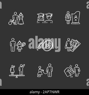 Gender equality chalk icons set. Forced marriage. Education equality. Maternity mortality. Child marriage. Female economic activity. Violance against
