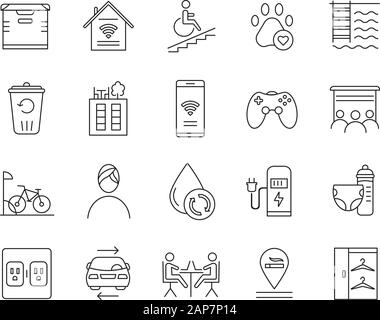 Apartment amenities linear icons set. Residential services. Comfortable house. Luxuries for dwelling inhabitants. Thin line contour symbols. Isolated Stock Vector