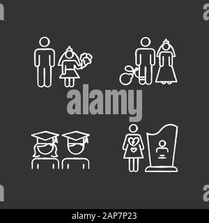 Gender equality chalk icons set. Child marriage. Education equality. Couple relationship. Forced marriage. College graduate. Maternal mortality. Isola