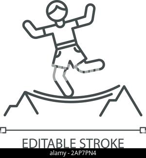 Highlining linear icon. Slacklining. Walking and balancing on tightrope. Slackliner in mountains. Extreme sport stunt. Walker on rope. Contour symbol. Stock Vector