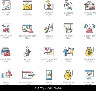 Scam types color icons set. Malware. Investment, rental schemes. Phishing tricks. Cybercrime. Malicious internet activities. Financial fraud. Illegal Stock Vector