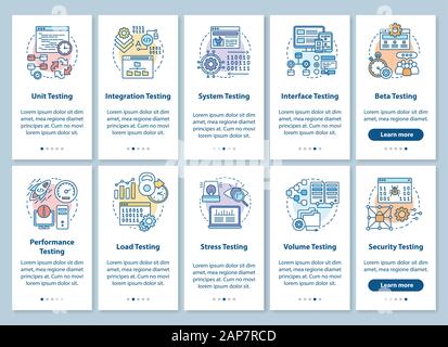 Software testing onboarding mobile app page screen with linear concepts. Performance and usability analysis walkthrough steps graphic instructions. UX Stock Vector