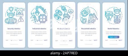 Types robotics onboarding mobile app page screen vector template. Guard, industrial, battle robots. Walkthrough website steps with linear illustration Stock Vector