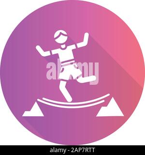 Highlining purple flat design long shadow glyph icon. Slacklining. Walking and balancing on tightrope. Slackliner in mountains. Extreme sport stunt. W Stock Vector