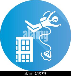 Base jumping blue flat design long shadow glyph icon. Parachuting. Skydiver, parachutist jumping from skyscraper, high rise building. Extreme sport fr Stock Vector