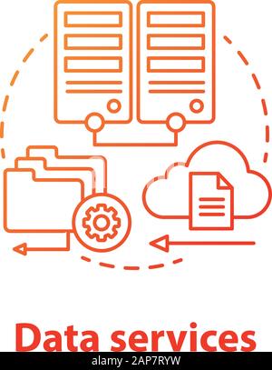 Data services concept icon. Managing user information idea thin line illustration. Databases and data servers. Files uploading on cloud. Application m Stock Vector