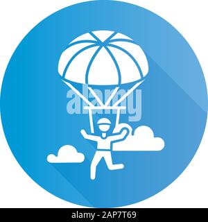 Parachuting blue flat long shadow glyph icon. Paragliding, paratrooping activity. Air extreme sport. Skydiving, hang gliding recreation. Flights in sk Stock Vector