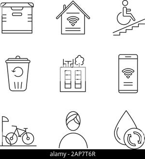 Apartment amenities linear icons set. Smart home, wheelchair access, recycling service, spa, water filtration. Thin line contour symbols. Isolated vec Stock Vector