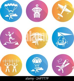 Air extreme sports flat design long shadow glyph icons set. Skydiving, parachuting, hang gliding, wingsuiting. Aerobatics, highlining, paragliding. Ve Stock Vector