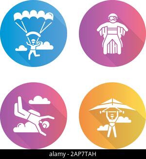 Air extreme sports flat design long shadow glyph icons set. Hang gliding, skydiving, wing suiting and paragliding. Adrenaline entertainment and risky Stock Vector
