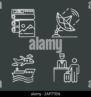 Industry types chalk icons set. Professional publishing. Telecommunication and broadcasting. Transport. Hospitality industry. Travel services. Plane, Stock Vector