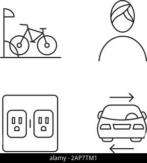 Apartment amenities linear icons set. Bike parking, spa, shared car service, charging outlets. Residential services. Thin line contour symbols. Isolat Stock Vector