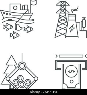 Industry types linear icons set. Fishing, energy, timber, financial sectors of economy. Business spheres. Thin line contour symbols. Isolated vector o Stock Vector