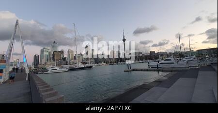 Viaduct Harbour, Auckland / New Zealand - December 29, 2019: The beautiful scene surrounding the Viaduct harbour, Princess Wharf area, marina bay, Wyn Stock Photo