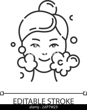Water face cleanser linear icon. Skin care procedure. Beauty treatment. Foam, bubbles. Cleansing, moisturizing. Thin line illustration. Contour symbol Stock Vector