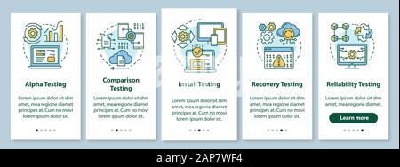 Software performance testing onboarding mobile app page screen with linear concepts. Program quality control walkthrough steps graphic instructions. U Stock Vector