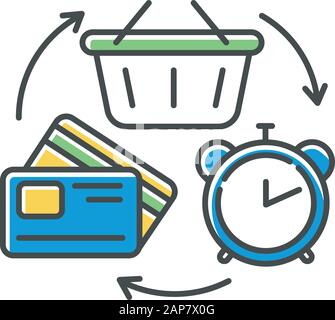 Revolving credit color icon. Consumer lines of credit. Buying goods with borrowed money. Commerce, retail. Marketing industry. Banking business. Budge Stock Vector