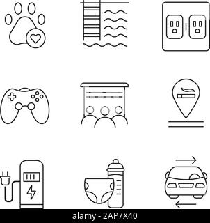 Apartment amenities linear icons set. Pets allowed, swimming pool, charging outlet, smoking allowed, nursery. Thin line contour symbols. Isolated vect Stock Vector