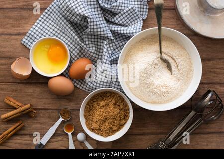 Cooking utensils and ingredients for a cake. Stock Photo