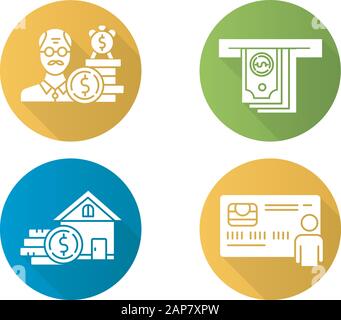 Loan flat design long shadow glyph icons set. Borrowing from Retirement. Pension budget ivestment. Home equity loan. Cash withdrawal from ATM. Persona Stock Vector