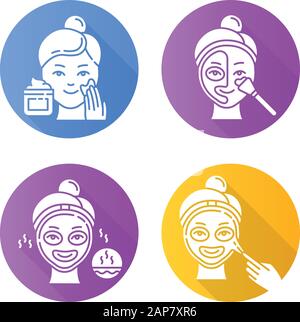 Skin care procedures flat design long shadow glyph icons set. Applying exfoliating cream. Using thermal mask to open up pores. Liquid mask for facial Stock Vector