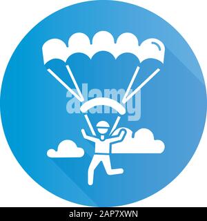 Paragliding blue flat design long shadow glyph icon. Parachuting , paratrooping activity. Skydiving, hang gliding recreation. Flights in sky and jumps Stock Vector