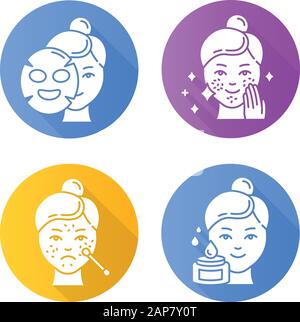 Skin care proceduresflat design long shadow glyph icons set. Spot treatment for blackheads. Problematic skin. Applying sheet mask. Using beauty water. Stock Vector