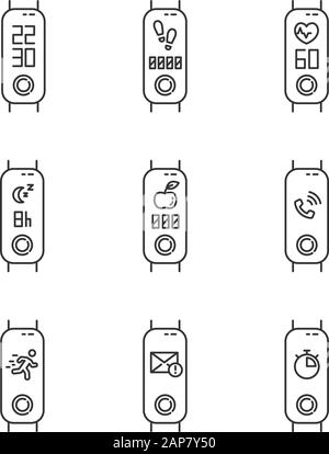 Fitness tracker functions linear icons set. Accessory for health monitoring. Wellness device with notifications and reminders. Thin line symbols. Isol Stock Vector