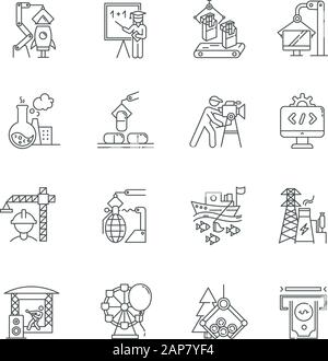 Industry types linear icons set. Goods and services production. Technology development. Human activities for profit. Thin line contour symbols. Isolat Stock Vector