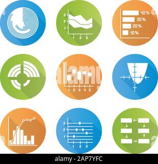 Chart and graph flat design long shadow glyph icons set. Horizontal histogram. Area chart. Function curve. Radial diagram. Pareto curve. Figure chart. Stock Vector
