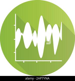 Stream graph green flat design long shadow glyph icon. Seismic chart. Amplitudes and motion waves. Radiation curve diagram. Science research. Vibratio Stock Vector