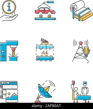 Industry types color icons set. Information sign. Automotive production. Pulp and paper. Steel industry. Fruit supply. Broadcasting and news. Healthca Stock Vector