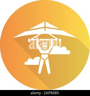 Hang gliding flat design long shadow glyph icon. Hangglider pilot flying. Extreme air sport. Skydiving stunt. Adrenaline flights in sky. Paragliding t Stock Vector