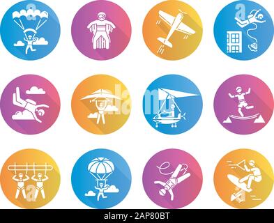 Air extreme sports flat design long shadow glyph icons set. Skydiving, parachuting, wingsuiting. Paragliding, aerobatics and bungee jumping. Adrenalin Stock Vector