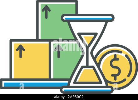 Budget increase graph color icon. Rising interest rate with time. Smart investment infographic. Credit countdown. Hourglass and coin. Loan money, make Stock Vector