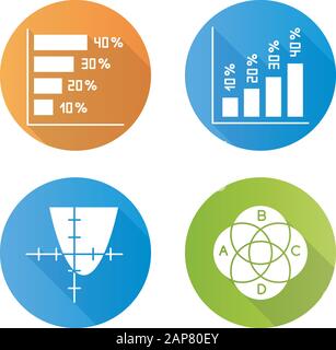 Chart and graph flat design long shadow glyph icons set. Horizontal and vertical histogram with interest rates. Function curve. Venn diagram. Trigonom Stock Vector