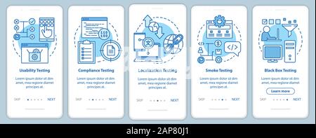Non-functional software testing blue onboarding mobile app page screen vector template. Usability analysis. Walkthrough website steps with linear illu Stock Vector