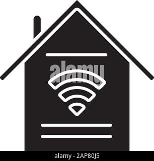 Smart home features glyph icon. Handle with domestic appliances via internet. Control household. Wi-Fi access indoors. Home automation. Silhouette sym Stock Vector