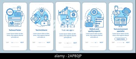 Software testing roles blue onboarding mobile app page screen vector template. Qulity control experts. Walkthrough website steps with linear illustrat Stock Vector