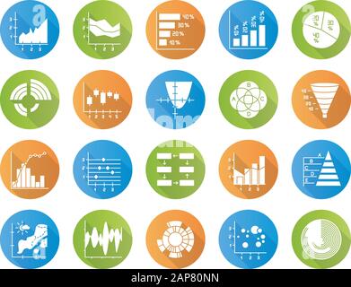 Chart and graph flat design long shadow glyph icons set. Pie diagram. Histogram. Area chart. Venn diagram. Pareto curve. Temperature map. Polar watch. Stock Vector