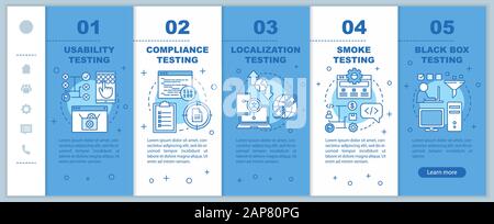 Non-functional software testing blue onboarding mobile web pages vector template. Responsive smartphone website interface idea with linear illustratio Stock Vector