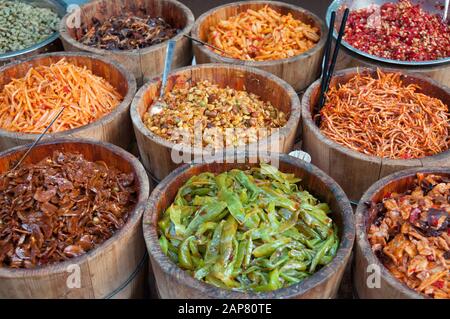 Traditional Chinese foodstuffs for sale in Laojie, the Old Street tourist precinct in Huangshan, Anhui Province, China Stock Photo