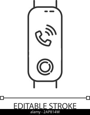 Fitness tracker with incoming call on display linear icon. Wellness device with ringing phone. Gadget with phone call sign. Thin line illustration. Ve Stock Vector