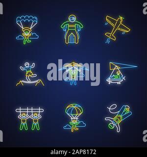 Air extreme sport neon light icons set. Skydiving, parachuting, hang gliding, wingsuiting. Aerobatics, highlining, paragliding. Giant swing, bungee ju Stock Vector