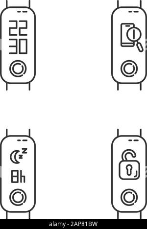Fitness tracker with digital clock linear icons set. Wellness device with lost smartphone finder, remote unlocker function. Thin line symbols. Isolate Stock Vector