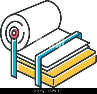 Pulp and paper industry color icon. Canvas production. Blank sheet on press. Professional conveyor, facility machinery. Page, fibre. Papermaking. Tech Stock Vector