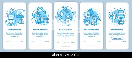 Types robotics onboarding mobile app page screen vector template. Industrial, medical, battle robots. Walkthrough website steps with linear illustrati Stock Vector